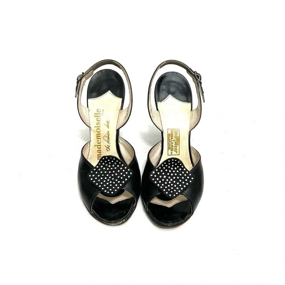 Vintage 1940s black leather peep toe rhinestone slingback heels